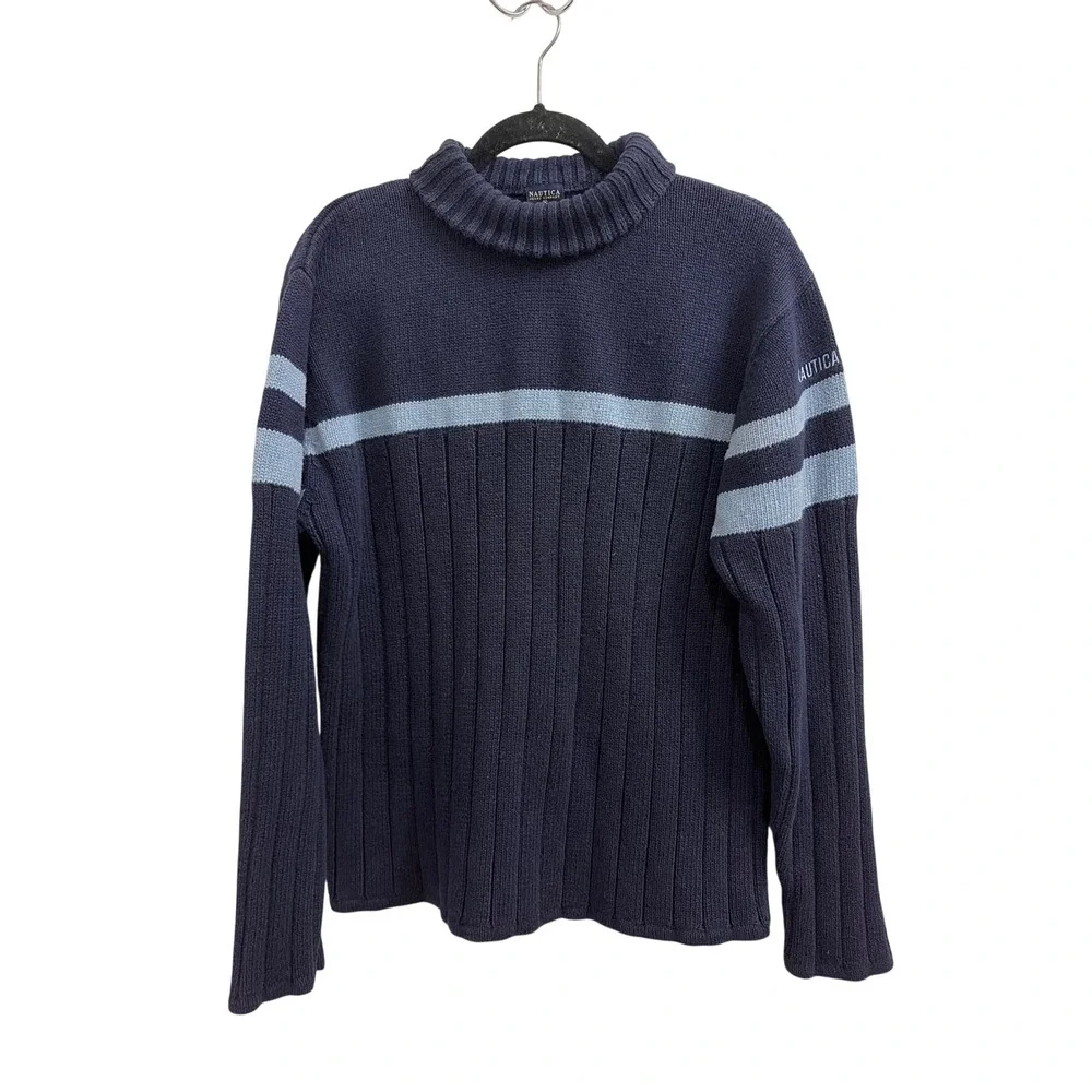 Sweater Mock Neck Gorpcore Nautica Mens Large Navy Blue Striped Ribbed‎ Knit